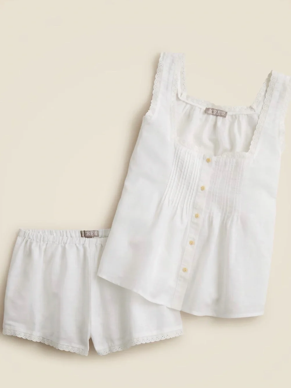 J CREW MEDIUM Lace-trim camisole and pajama short set linen-cotton blend CK350